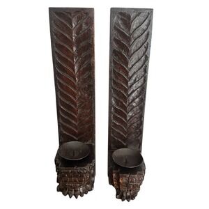 Antique Artisan Candle Holder 16 Inch English Oak Wood Pillars Stained Ferns